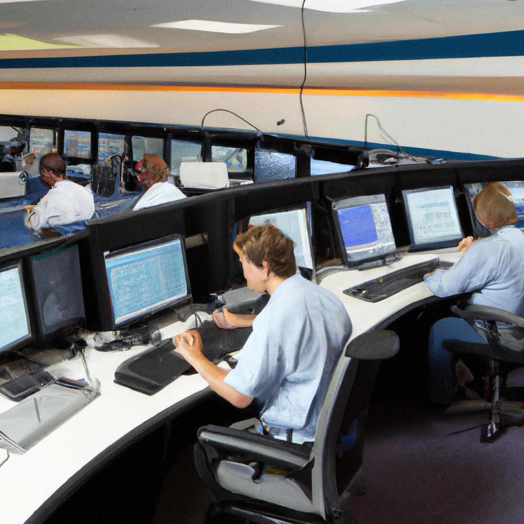 Technicians monitoring server performance in a network operations center.