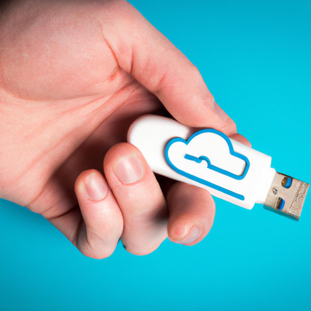 A hand tightly grasping a cloud-shaped USB drive, signifying the importance of data recovery and backup in cloud computing